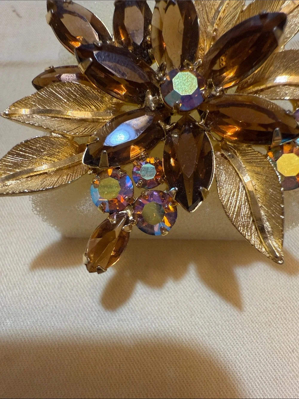 Vintage inspired (Selini )Amber & Iridescent stones Brooch Gold toned